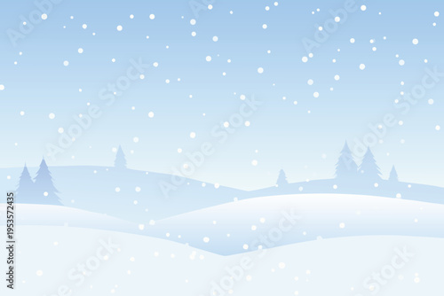 Winter landscape showing snow falling over hills and silhouetted trees