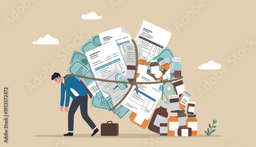 Medical debt, health care and treatment cost from Covid-19 disease, hospital expense or drug medicine bills concept, broke bankrupt man carrying giant medicine debt burden after cure from COVID-19