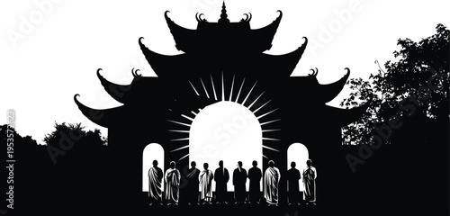 Buddhist Monks Standing Under Traditional Pagoda Gate Silhouette with Sun Rays Glowing Through the Entrance Asian Cultural Heritage Design - flavector