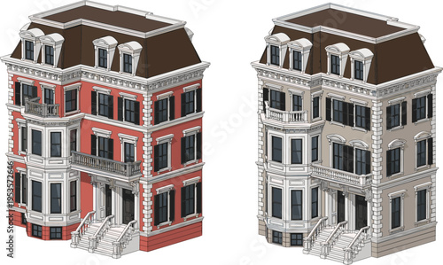 Classic European townhouse architecture vector illustration featuring elegant Victorian style residential buildings with balconies, mansard roofs, ornate facade details