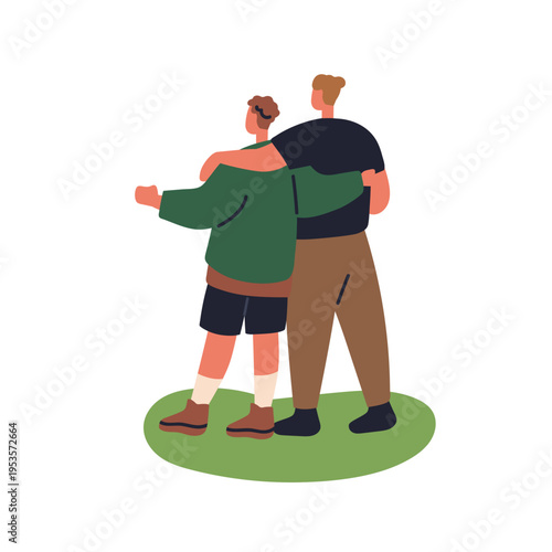 Best friends hugging, from behind. Male couple embracing, standing and looking together. Young men outdoors. Companionship and friendship. Flat vector illustration isolated on white background