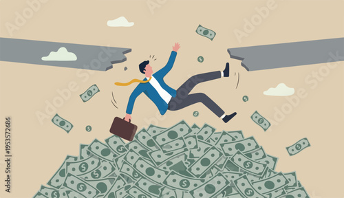 Insurance, reserve money or emergency fund on business failure, mistake accident, compensation money support cushion concept, fail businessman falling huge in to money banknotes safety cushion