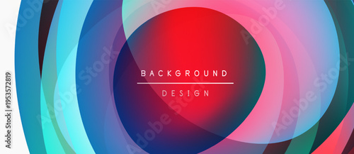 Abstract colorful layers create dynamic visual effect. Red center draws attention, surrounded by blue, purple hues. Modern design element.