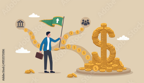 Cash flow, investment fund raising bank loan financial activity making money profit concept, Businessman leader investor holding flag control money Dollar coins