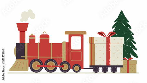 Festive red steam train carrying gifts near a christmas tree