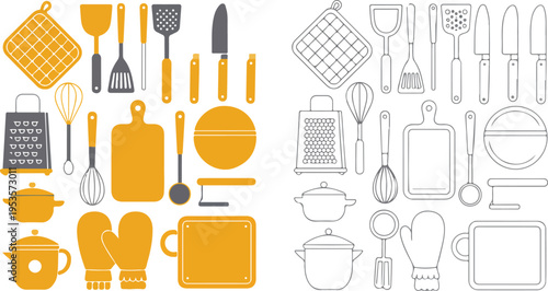 Set of colorful and black and white kitchen utensils cooking tools flat vector illustration collection isolated on white background
