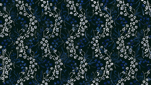 Dark blue and white floral pattern with delicate branching stems