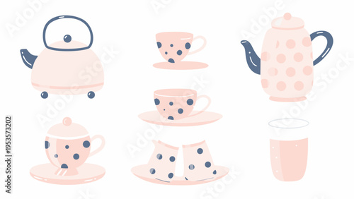 Pastel colored teapots cups and saucers in a playful arrangement