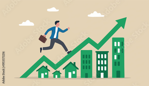 Real estate market price rising up chart homebuyer property investment concept, businessman homebuyer real estate agent happy running rising up house building greengraph an chart.