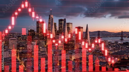 San Francisco city skyline overlay with a bearish red financial graph illustrating a mortgage market collapse, property value decline, and urban economic crisis impact during a fiscal recession.