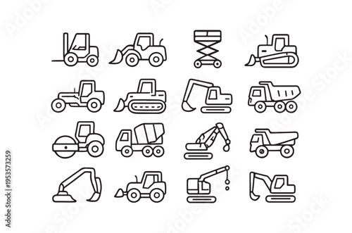 Collection of various construction and agricultural machinery line icons