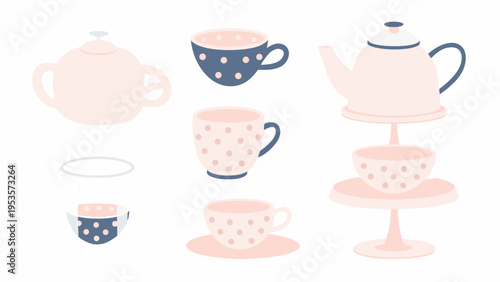 Pastel colored teaware set including teapots cups and a sugar bowl