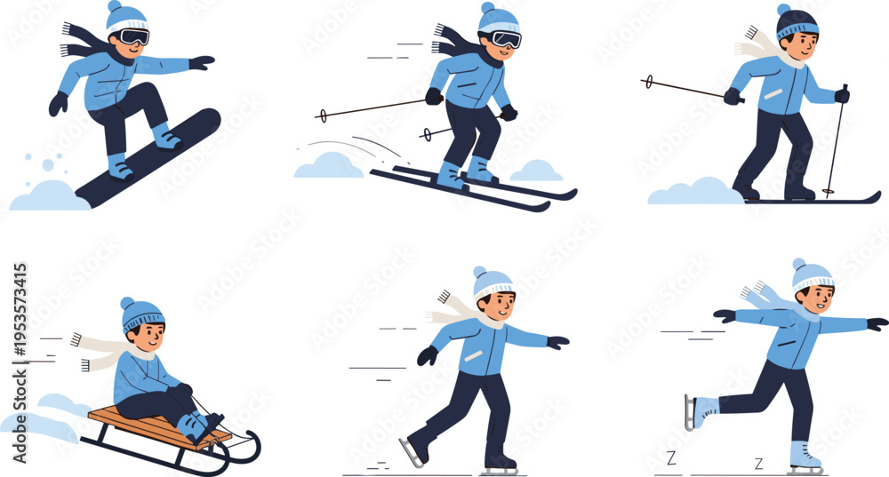 Fototapeta premium Winter Sports Activities Cartoon Vector Set with Skiing Snowboarding Ice Skating and Sledding Characters Outdoor Snow Fun Illustration Collection