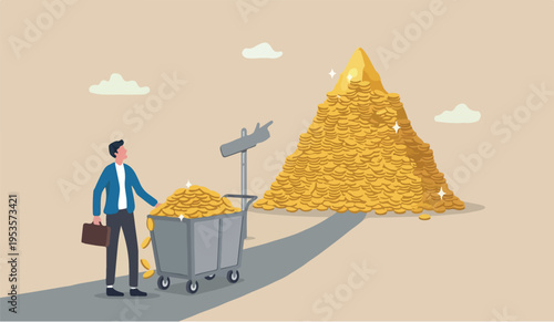 Success to for we vestor, rich man making money from business or investment,mountain peak income and revenue, budget, saving or profit concept,to rich and to successful businessman with load of money
