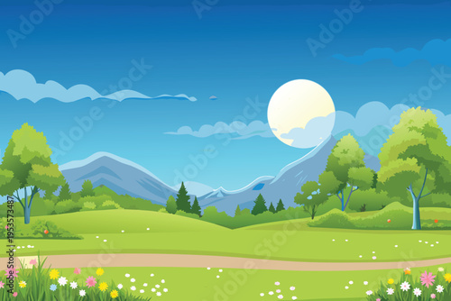 Scenic landscape featuring a bright moon over rolling green hills