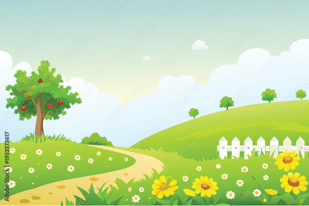 Naklejka premium A vibrant cartoon landscape with a winding path and apple tree