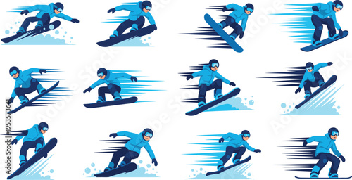 Snowboarder Action Cartoon Vector Set with Winter Sports Athlete Performing Tricks Speed Motion Snowboarding Illustration Collection for Adventure and Extreme Design