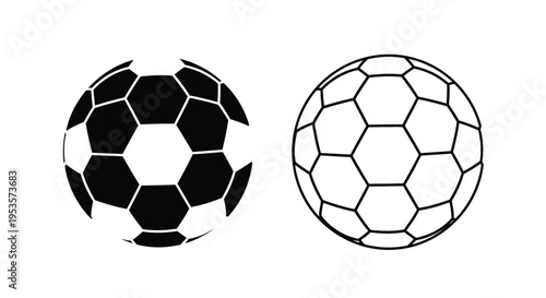 Vector graphic illustration displaying two contrasting black and white soccer ball designs representing sport and competition icons