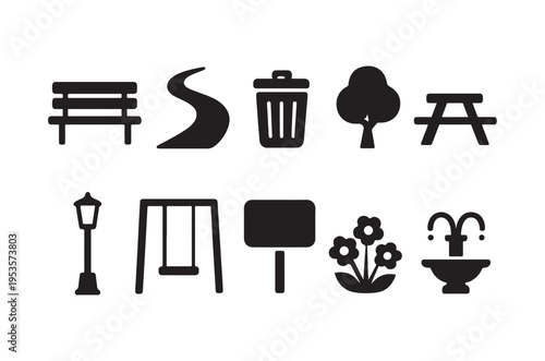 Black silhouettes of park elements including benches trees and a fountain