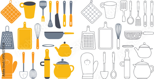Set of colorful and black and white kitchen utensils cooking tools flat vector illustration collection isolated on white background