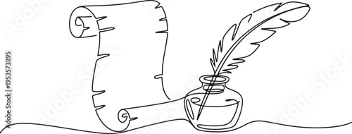 Scroll with inkwell and feather continuous line drawing. One line art of love letter, papyrus, antique, romance, classic, retro. one line Icon drawing