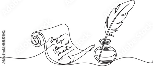 Scroll with inkwell and feather continuous line drawing. One line art of love letter, papyrus, antique, romance, classic, retro. one line Icon drawing