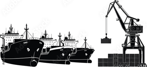 Container cargo ships and port crane loading freight maritime shipping harbor logistics transport industry silhouette vector illustration