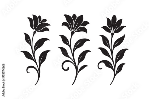 Three black floral silhouettes with stems and swirling decorative elements