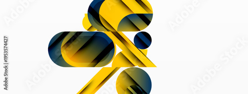 Abstract geometric shapes overlap, creating dynamic composition. Yellows, blacks, blues blend, suggesting movement, depth. Modern design.