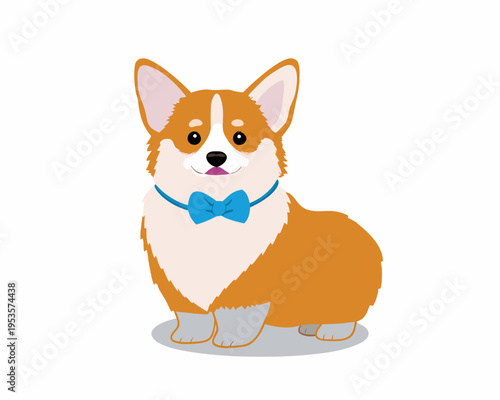 An adorable corgi puppy wearing a blue bow tie is illustrated