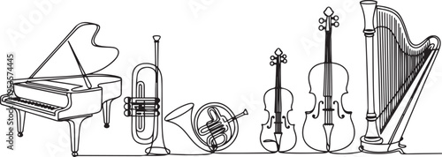 Instruments of the Orchestra set one line art. Continuous line drawing of grand piano, tuba, trumpet, french horn, violin, cello, harp. one line Icon drawing