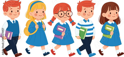 Cute school children walking with books and backpacks cartoon illustration set showing happy students education character vector collection