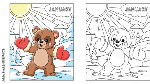 Cute cartoon brown bear wearing red mittens in snowy winter forest, vector illustration