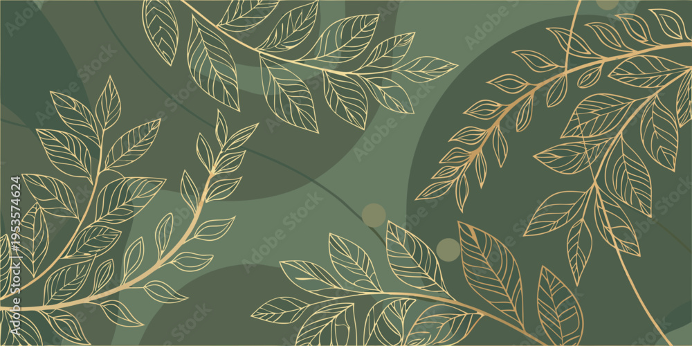Naklejka premium Elegant botanical pattern with golden leaves against a dark green background