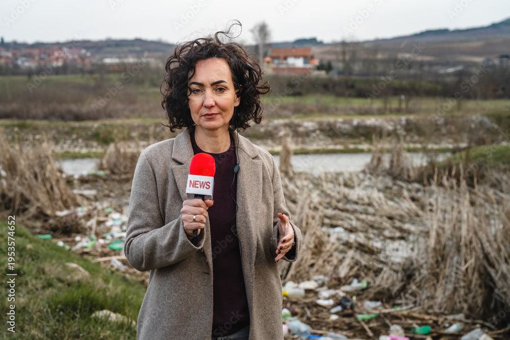 Fototapeta premium Journalist reporting environmental pollution in a polluted wasteland