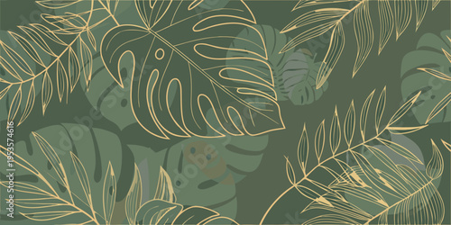 Elegant tropical monstera leaves pattern with gold lines on green background