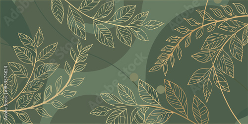 Elegant botanical pattern with golden leaves against a dark green background
