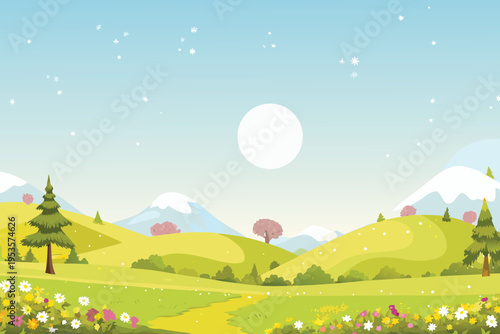 Serene landscape with a full moon over rolling green hills