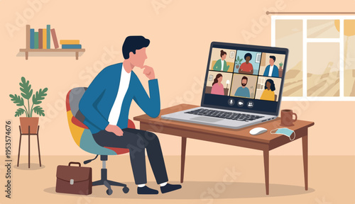 Work from home video conference meeting team social distancing Coronavirus COVID-19 pandemic concept, office guy stay to home working home chair conference meeting with team laptop computer.