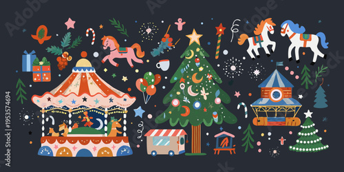 Festive christmas scene featuring a carousel trees and playful horses