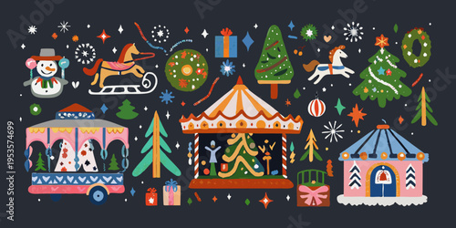Festive illustration depicting a whimsical winter holiday scene with colorful elements