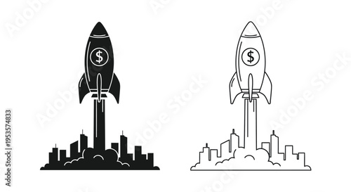 This iconic vector illustration depicts a stylized rocket with a prominent dollar sign symbolizing rapid financial launch or business success taking off from a city skyline silhouette