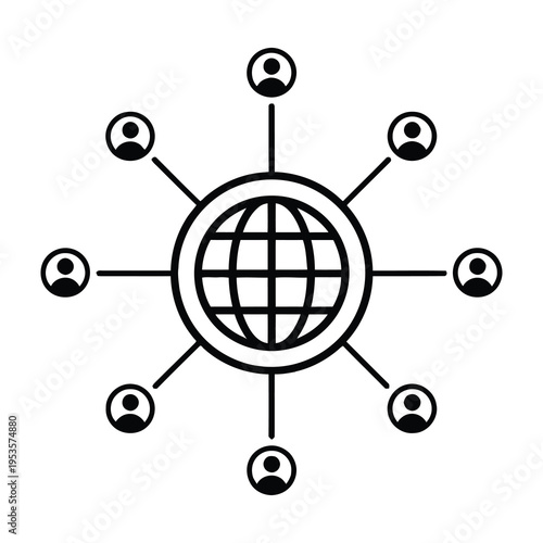 Globe symbol with connected silhouettes of people in minimalist network design