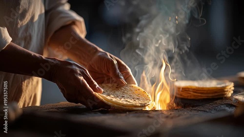A skilled artisan expertly grills a stack of tortillas over an open flame, the warm glow of the fire illuminating the scene, creating a culinary masterpiece.