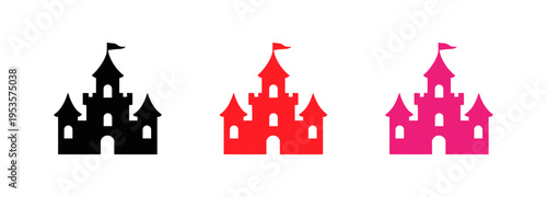 Castle icons in different colors with flags on their rooftops