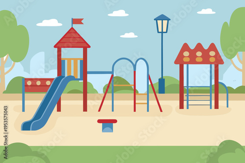 Colorful playground with a slide swings and climbing structures