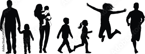 Family and children silhouettes collection showing parents walking with kids, baby carrying, running boy, jumping girl isolated vector illustration