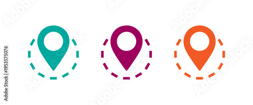 Colorful location pin icons with dashed circles around them