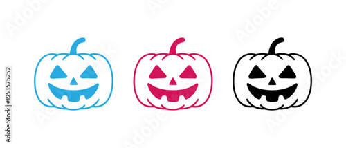 Three stylized jack o lanterns with different colored faces