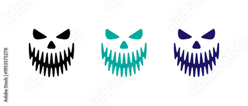 Jack o lantern faces with varying fang colors in a minimalist design